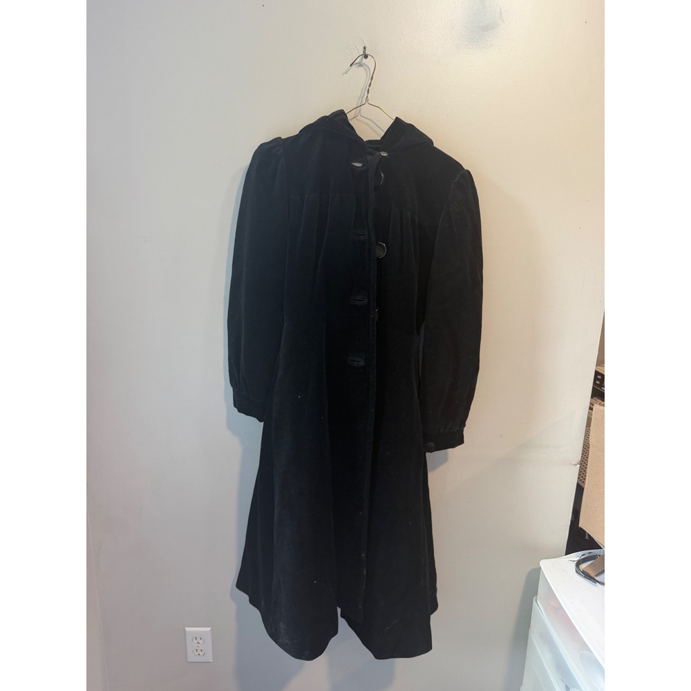 Vintage Mar-Del by Rice Black Velvet Hooded Coat Button Front Mid USA Made
